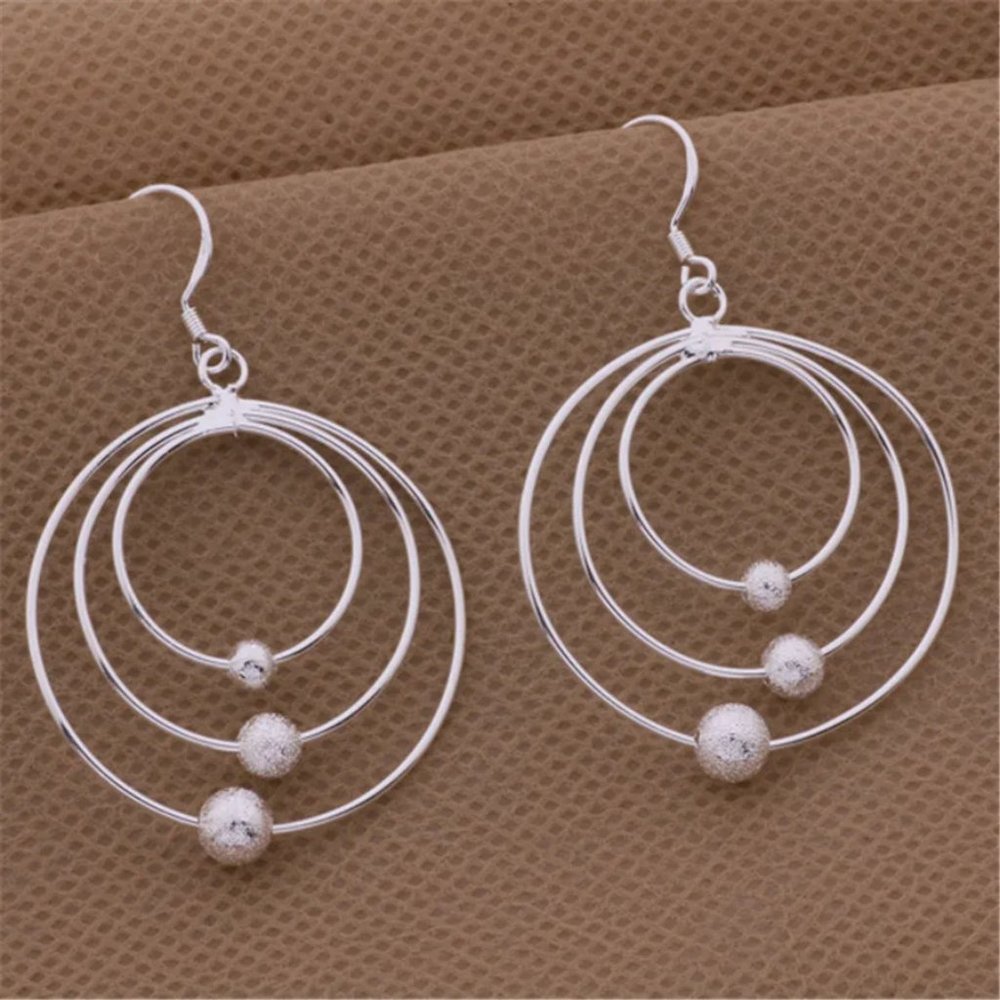Gorgeous 3 Circles with Beads Hanging Earrings, Sterling Silver "Hypoallergenic" - Picture 7 of 8